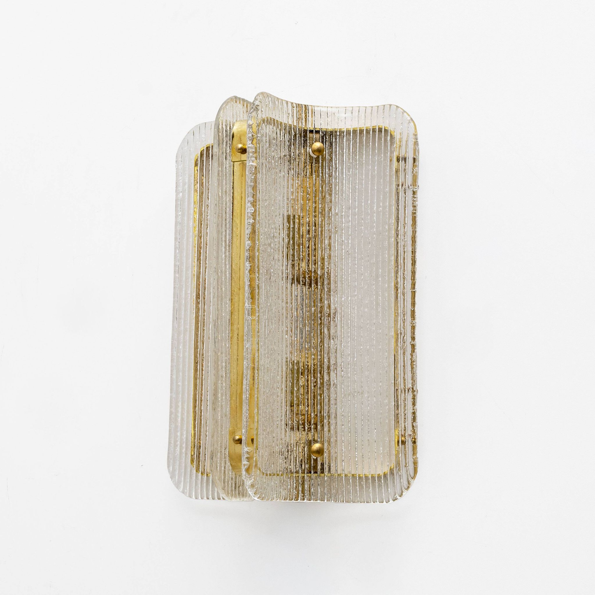 Pair of Curved Clear Ribbed Murano Glass and Brass Wall Sconces