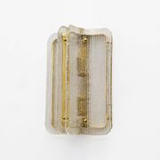 Pair of Curved Clear Ribbed Murano Glass and Brass Wall Sconces