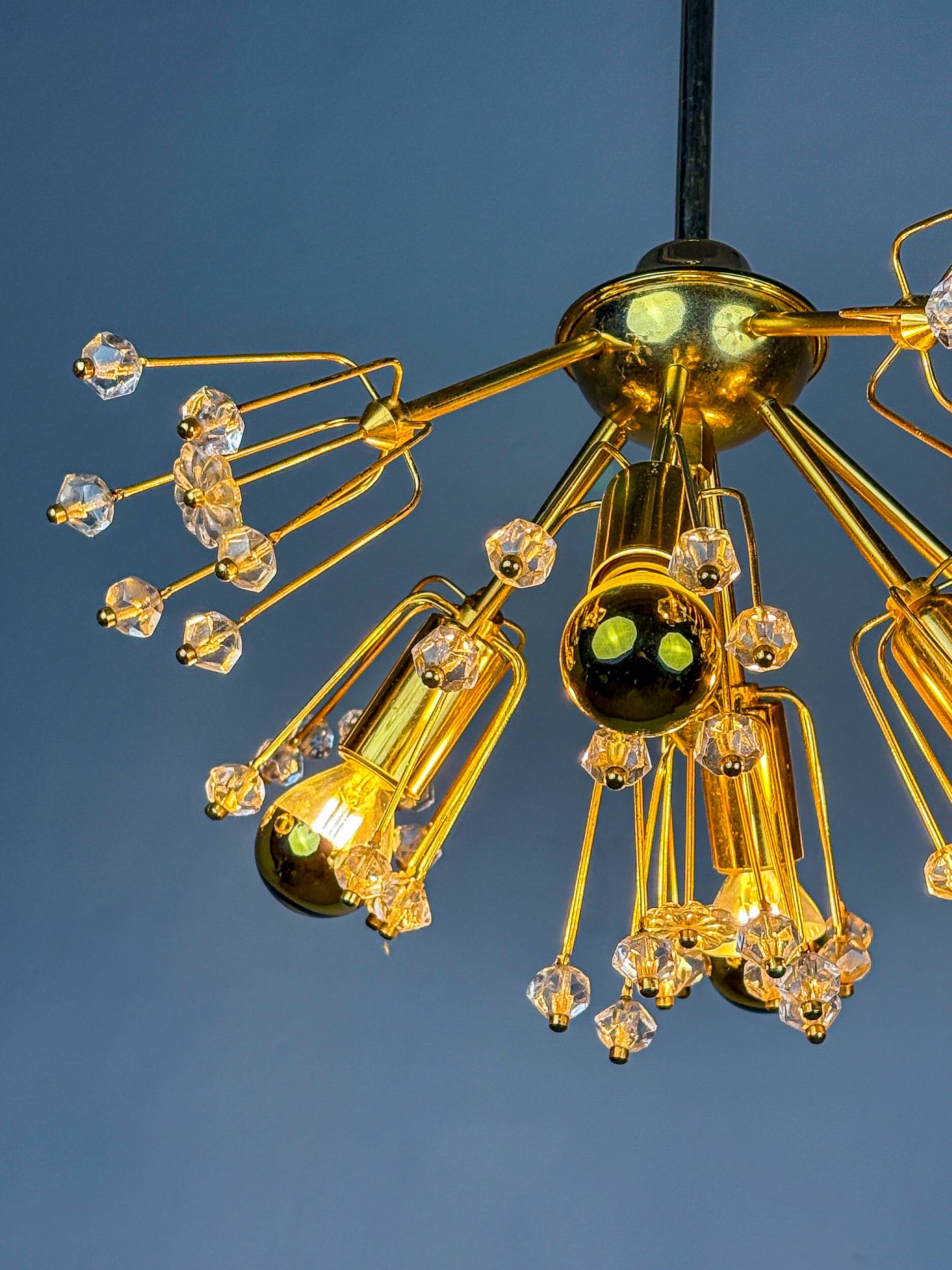 Emil Stejnar Sputnik chandelier for Rupert Nikoll, brass & crystal, Vienna, 1950s