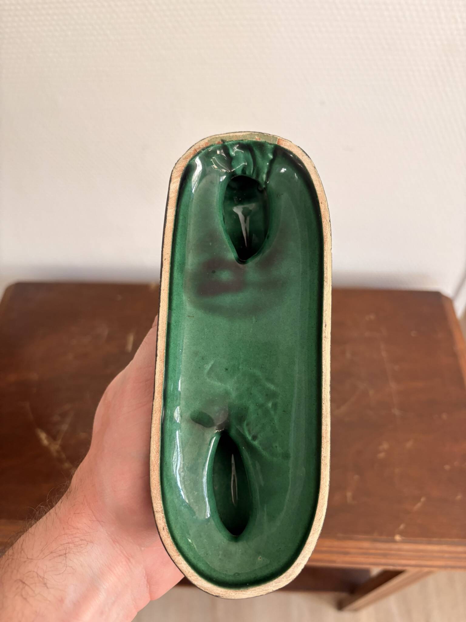 Antique Candle Holder Chandelier 2 Arms Saint Clément Glazed Green Ceramic