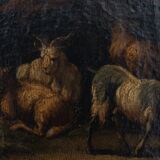 Oil on canvas 18th century scene of animals and shepherd gilded frame