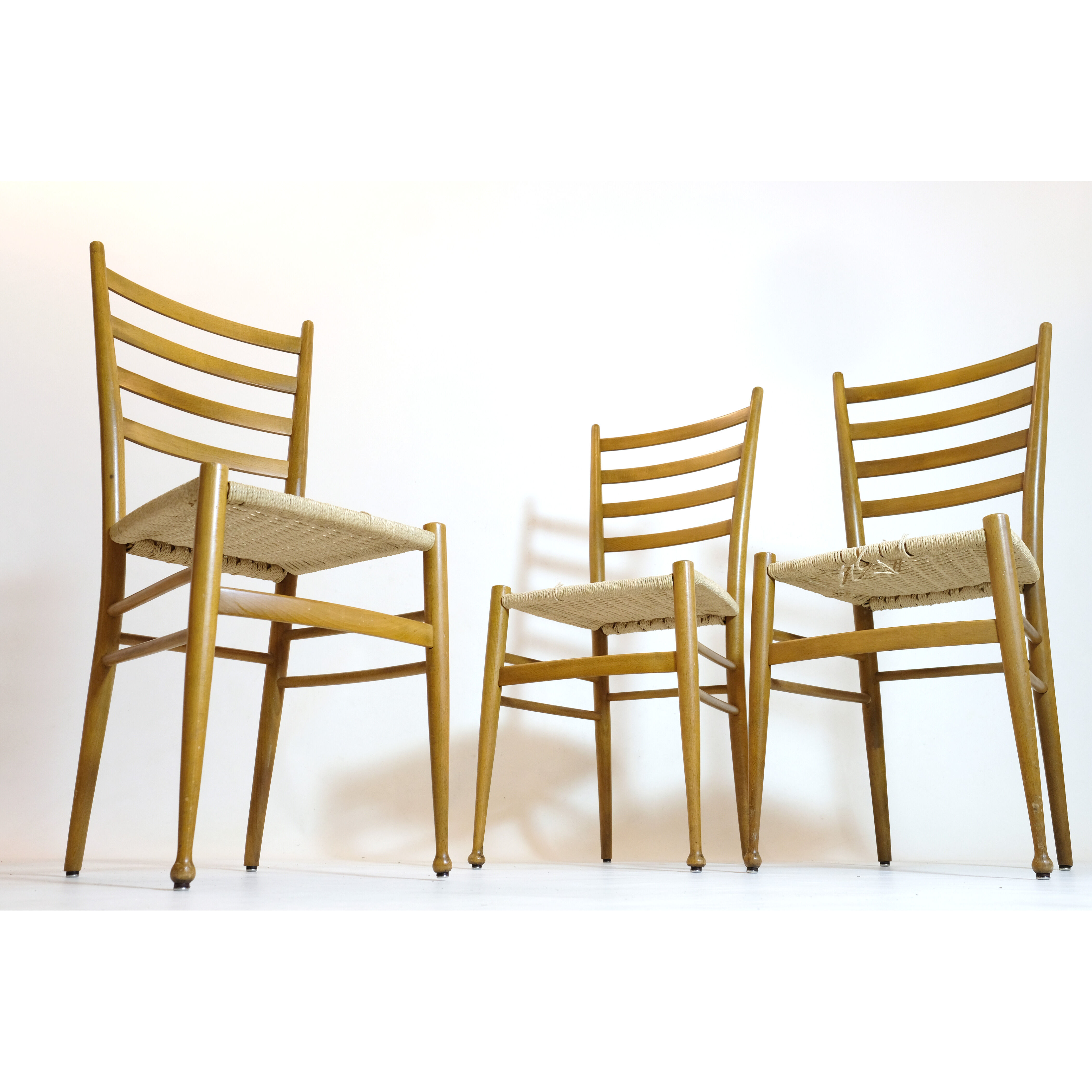 Trio of wooden chairs and rope, Italy, 1950s