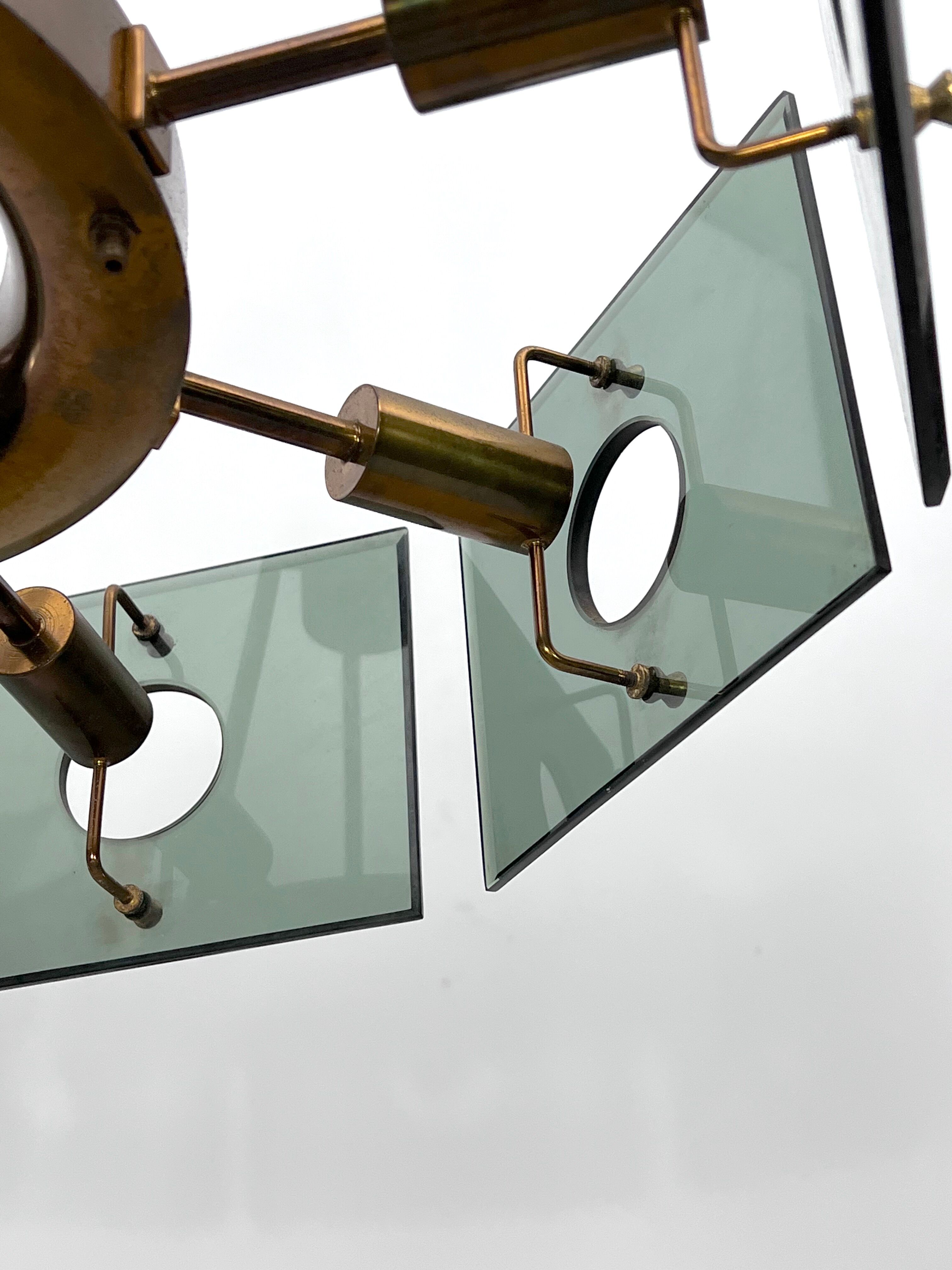 Gino Paroldo, modernist brass and smoked glass chandelier, Italy 1960s