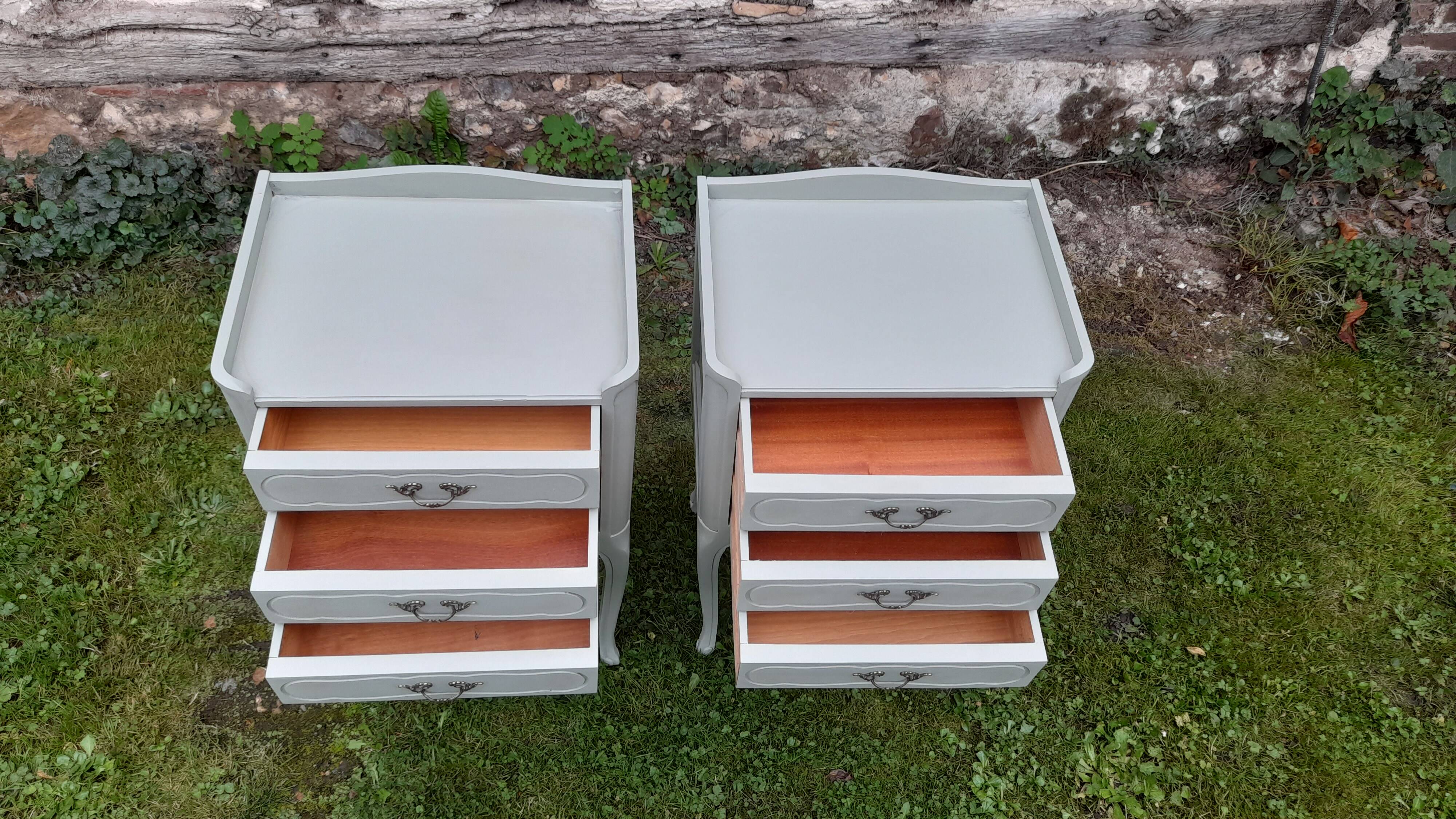 Pair of Louis XV style bedside tables with 3 drawers, Luxembourg green