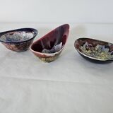 Set of 3 ceramic sauce boats signed MORVAN (1 Reglued) vintage