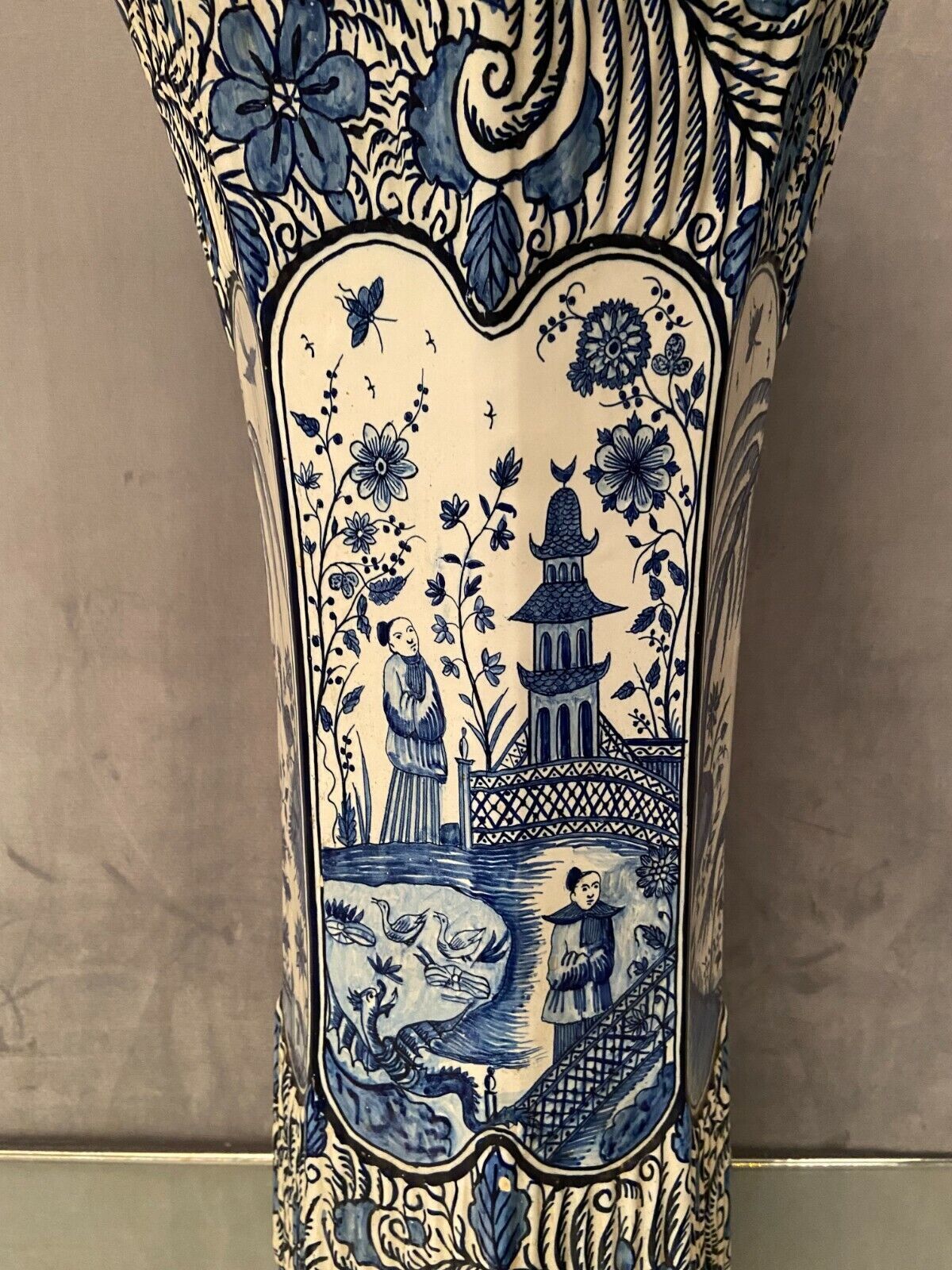 Umbrella holder vase earthenware Desvres nineteenth decoration Far East Pagoda 62.5 cm