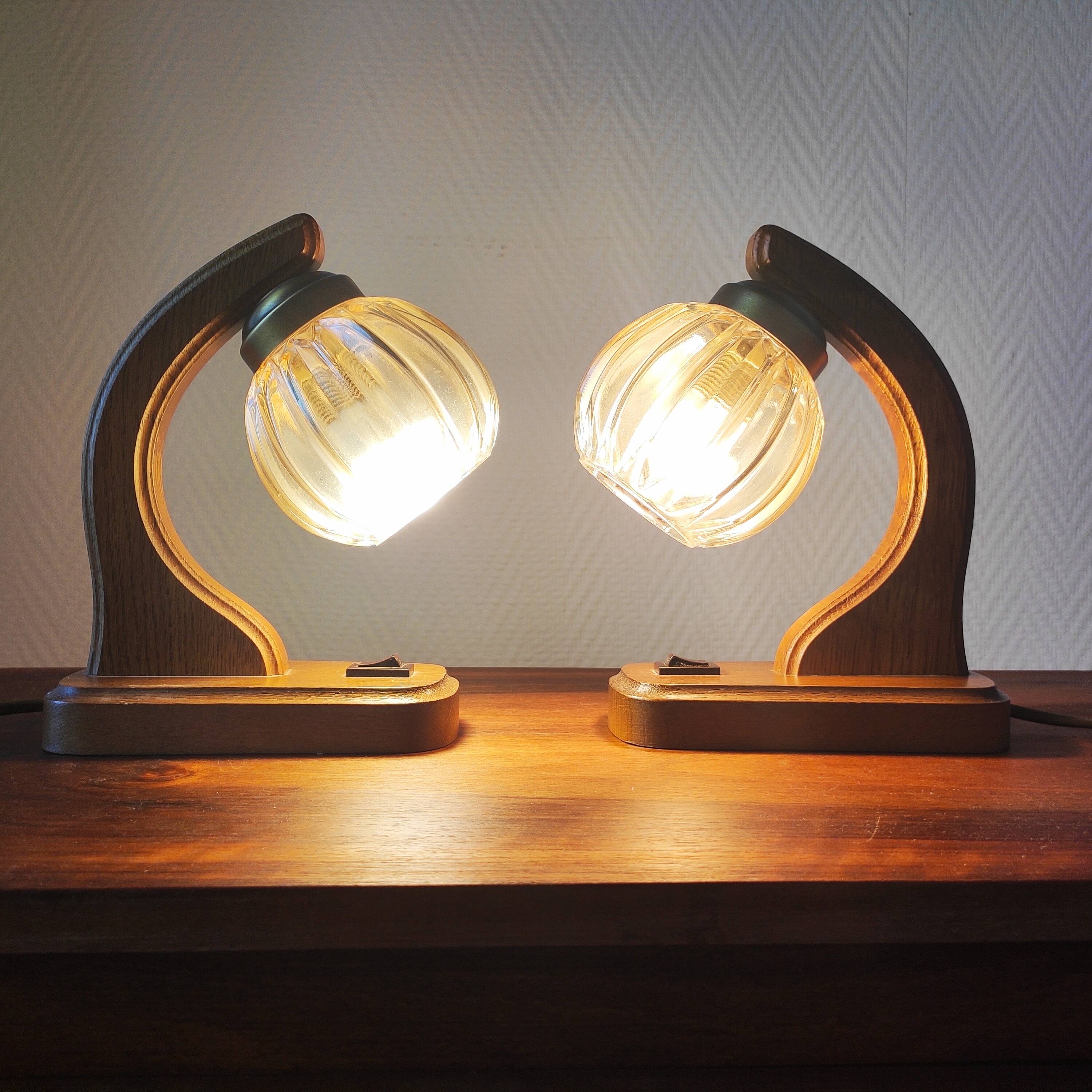 Pair of vintage 1970s mid-century Scandinavian lamps with amber globe.