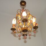 French Vintage 4 Light Metal Cage Chandelier with Bead Swag and Pink Murano Drops