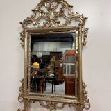 Important console table with a curved shape + Louis XV style mirror in gilded and silvered wood.