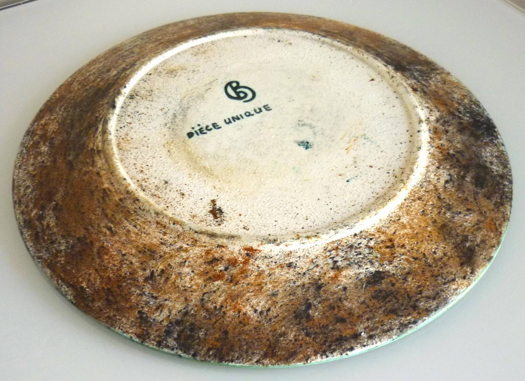 Enamelled ceramic plate, signed Bernard Buffat design from the 60s/70s