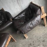 Mid-Century Brown Tufted Leather Armchairs & Ottoman in the Style of Percival Lafer, 1960s, Set of 3