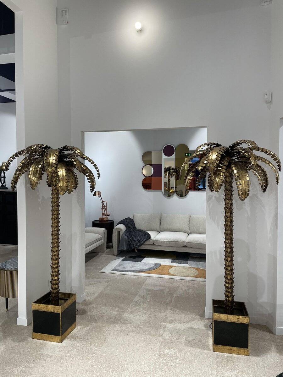 Palm Tree Floor Lamp in Gold Metal and Black Lacquered Mirror