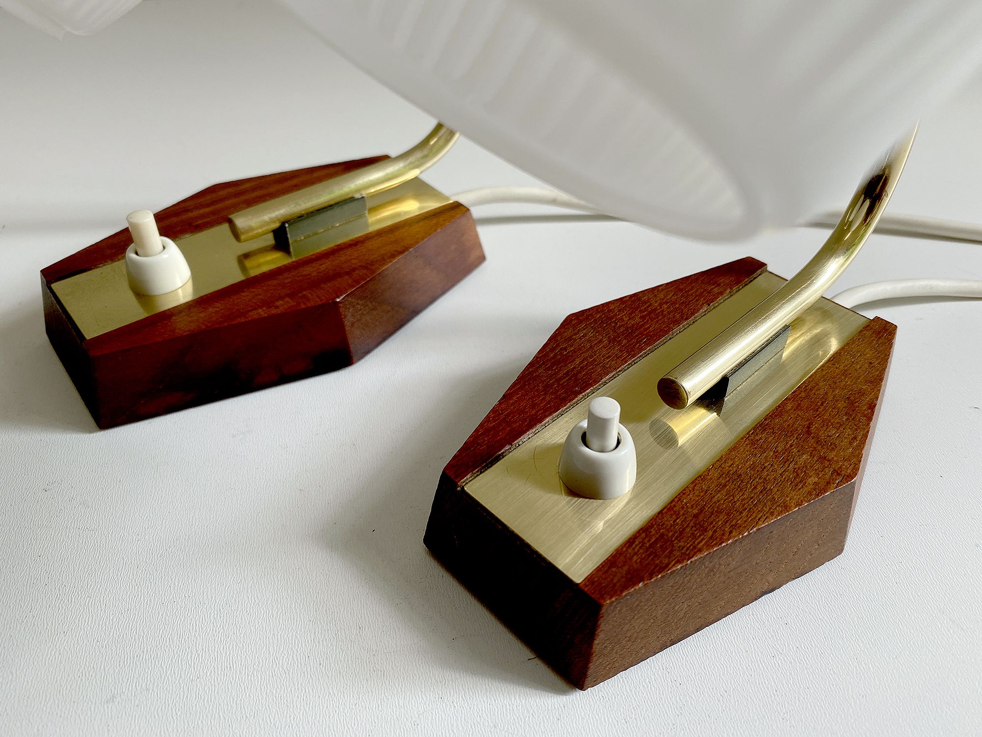 Pair of Scandinavian vintage table or bedside lamps, teak and glass, 60s