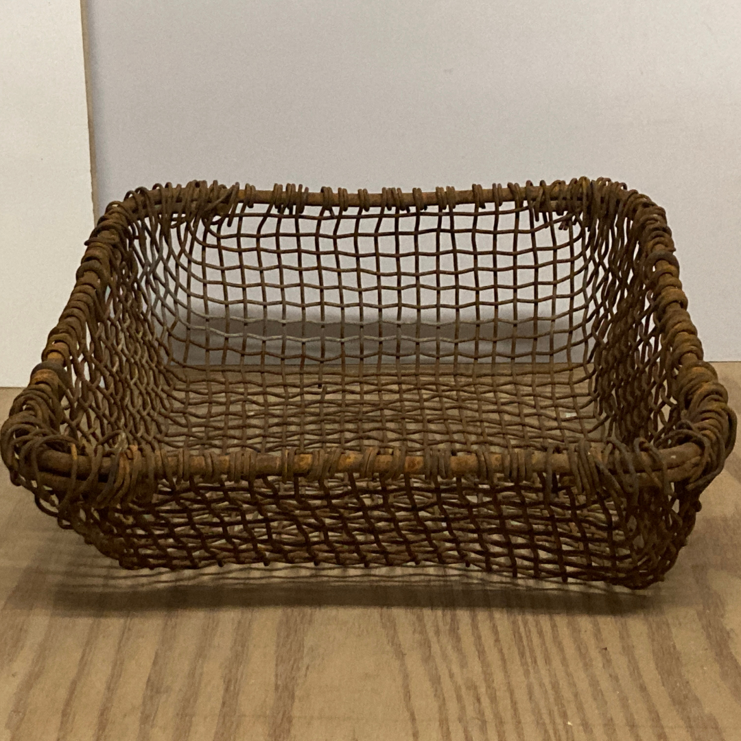 Antique woven rustic metal fireplace basket, Netherlands ca 1900