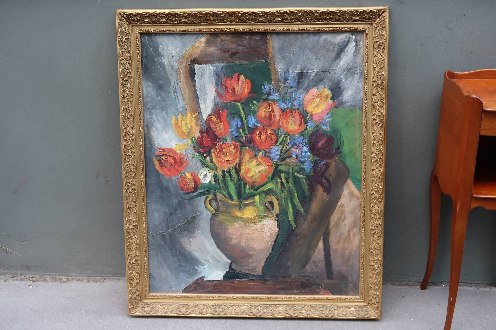 Large old oil painting, Still Life with Tulips, Gilded frame