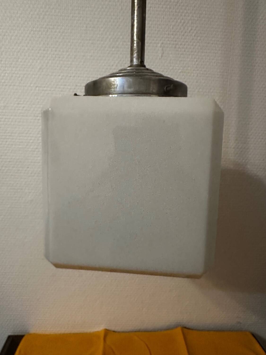 Opaline cubic pendant lamp in Art Deco style attributed to Walter Georg Kostk.