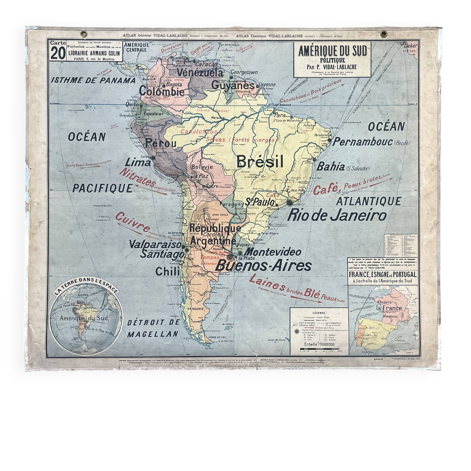 Old school map Vidal-Lablache 20, Mézières, T18, 1900 South America