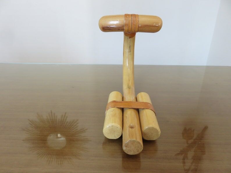 Wooden wall coat door hook with leather straps 60s 70s