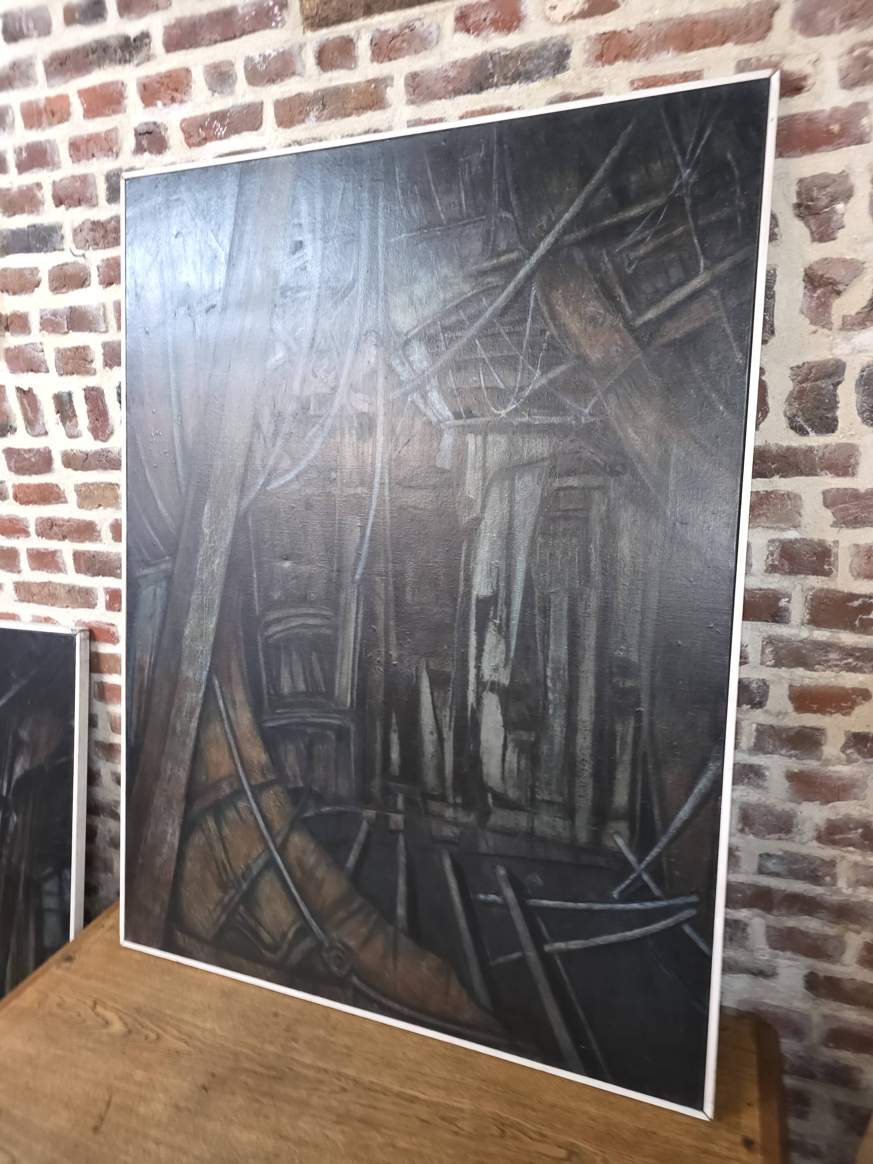 Pair of oil on canvas paintings of a boat interior from the 50s/70s