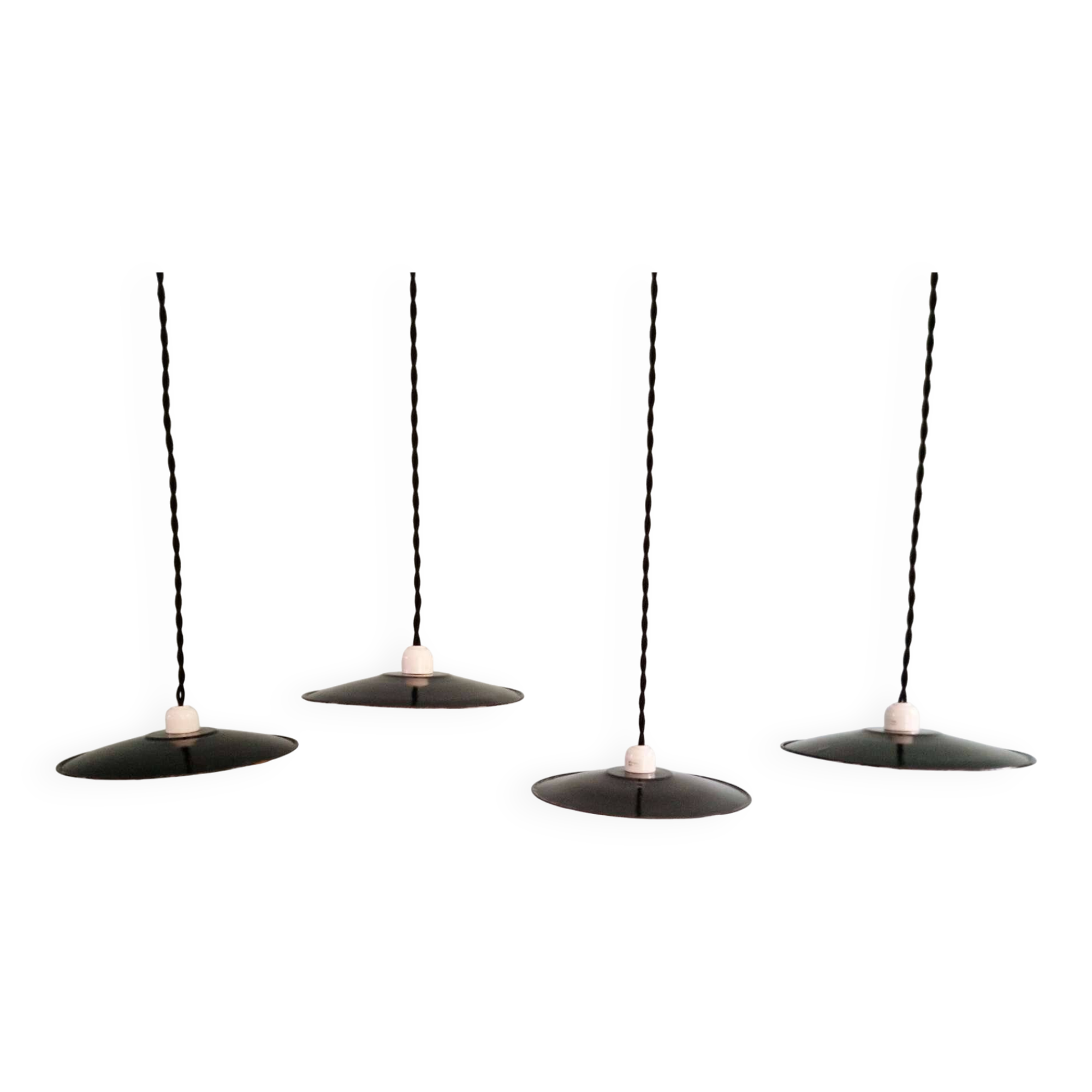 Set of 4 industrial pendant lights in black and white enamelled sheet metal