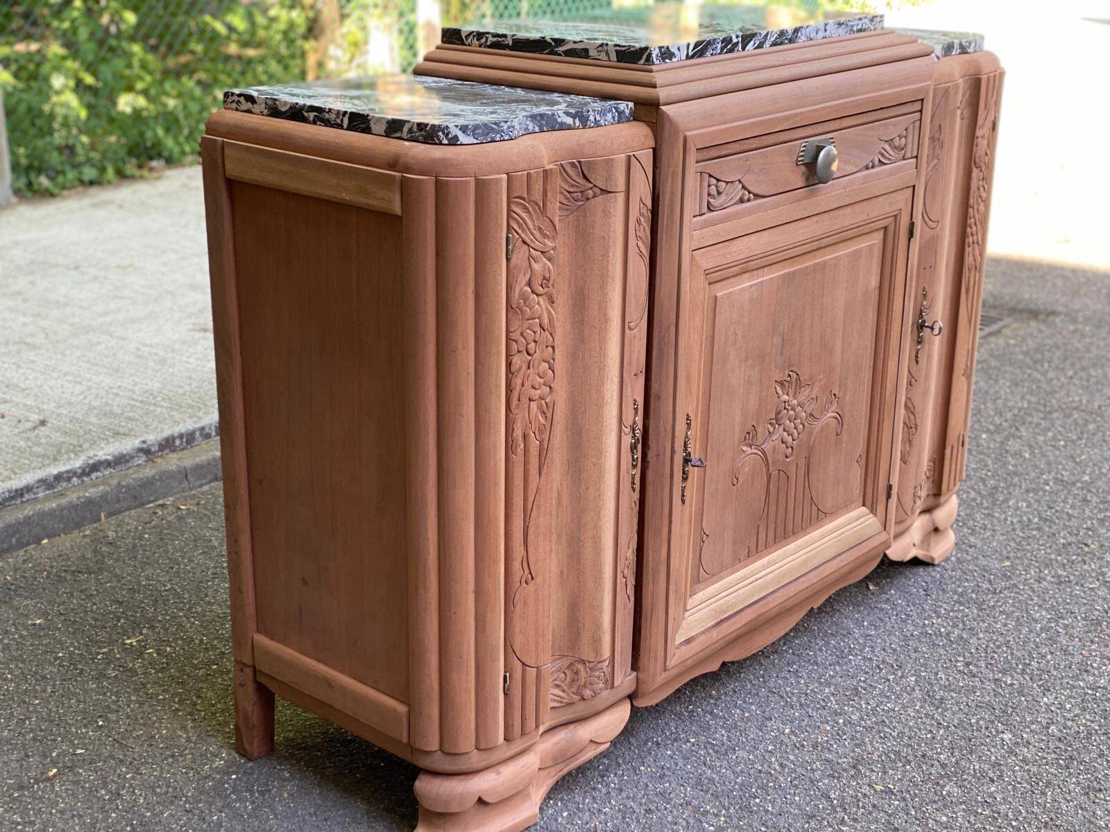 Art Deco sideboard renovated in solid walnut with Saint Laurent marble, 1930.