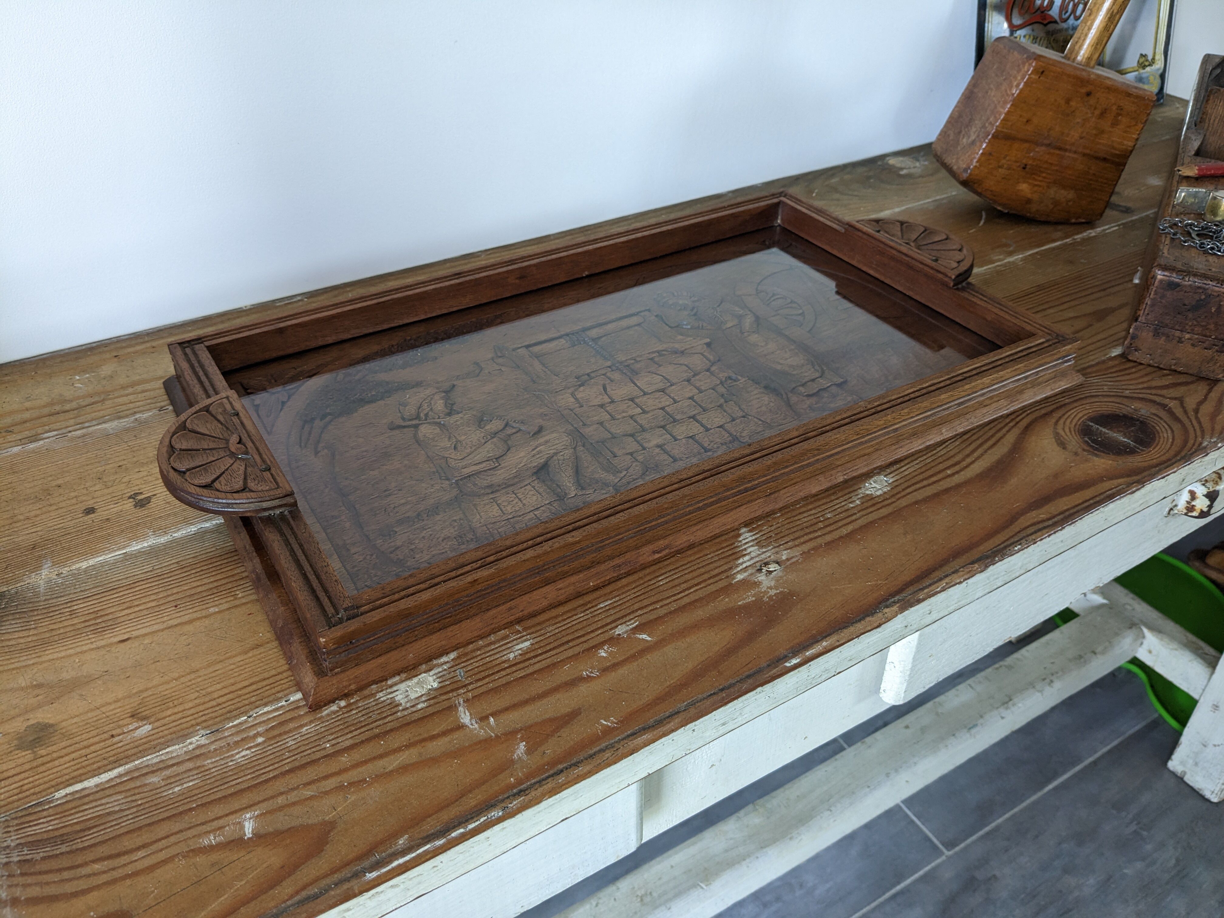 Vintage wooden serving tray signed Souron