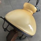 Suspension vintage wood and iron chandelier with yellow opaline lampshade