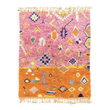 Tapis berbère M’rirt neuf rose et orange en laine – 150 × 200 cm