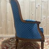 Louis XVI style blue velvet wingback armchair