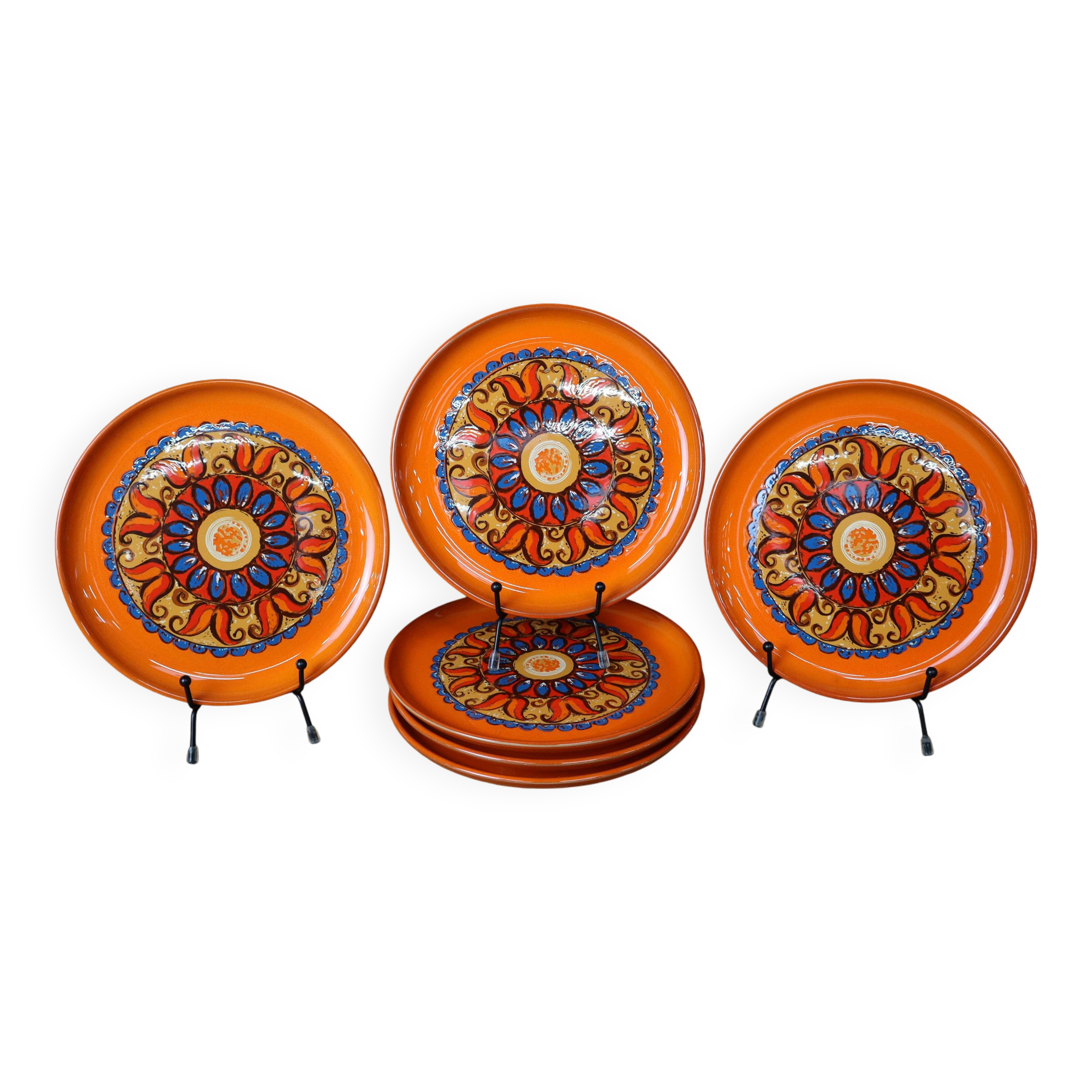 6 vintage orange ceramic dessert plates 70's