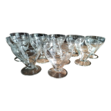 Set of 11 champagne glasses on low foot in old glass engraved floral decoration