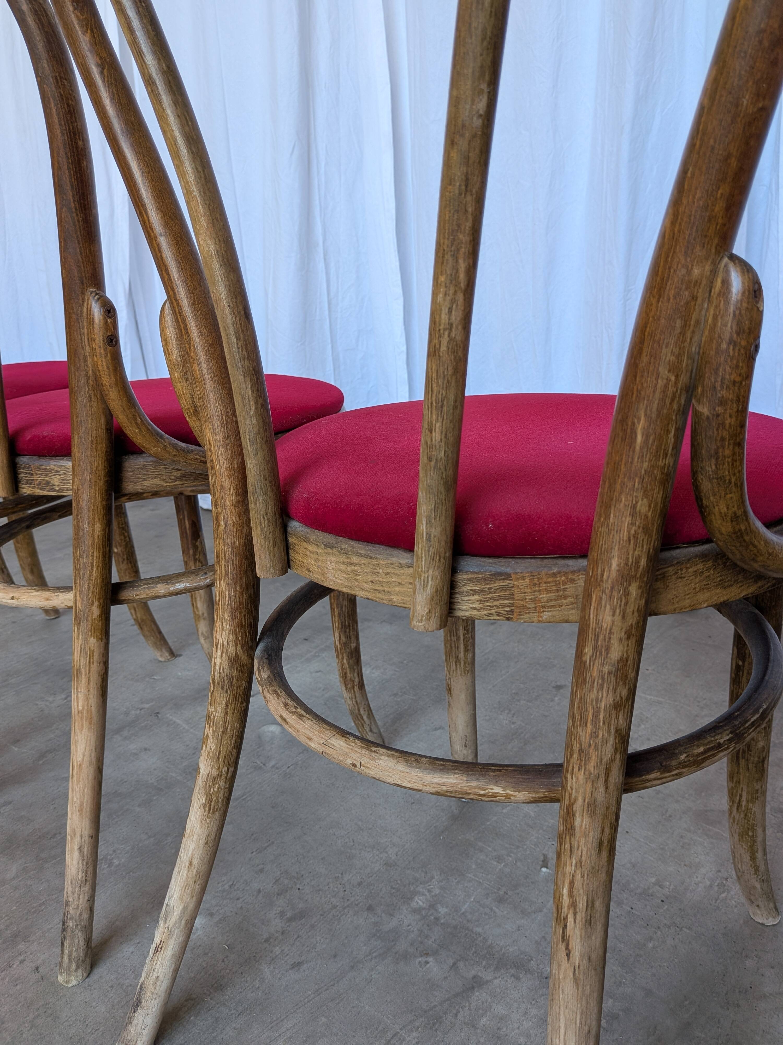Set of 8 Vintage Bentwood Bistro Chairs: Red Upholstery