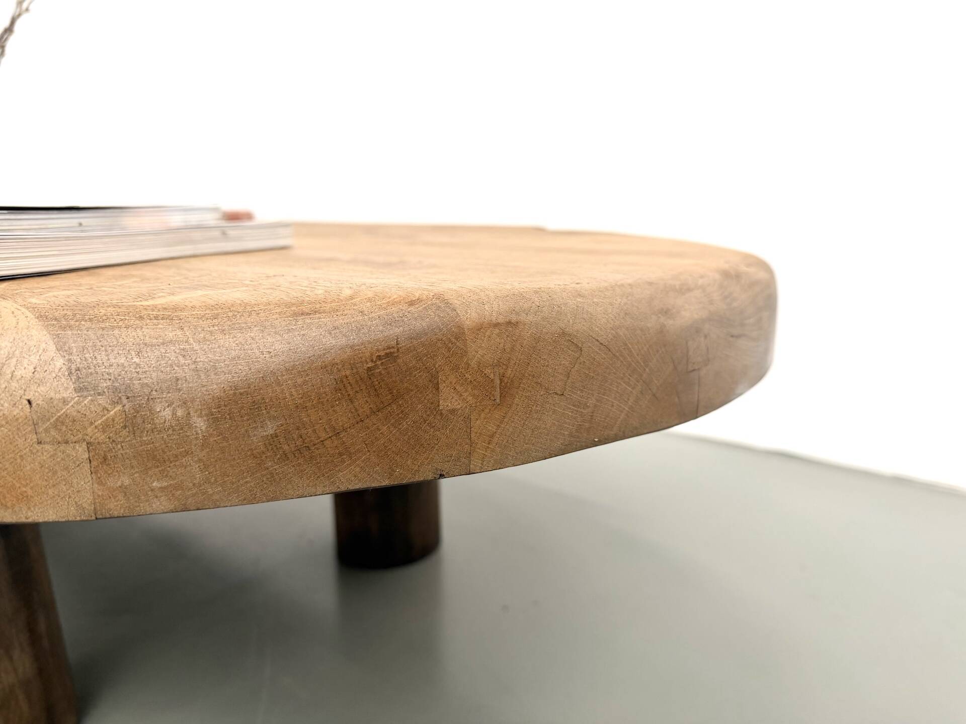 XXL oval coffee table in solid oak, cylindrical base, 1950s.