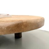 XXL oval coffee table in solid oak, cylindrical base, 1950s.