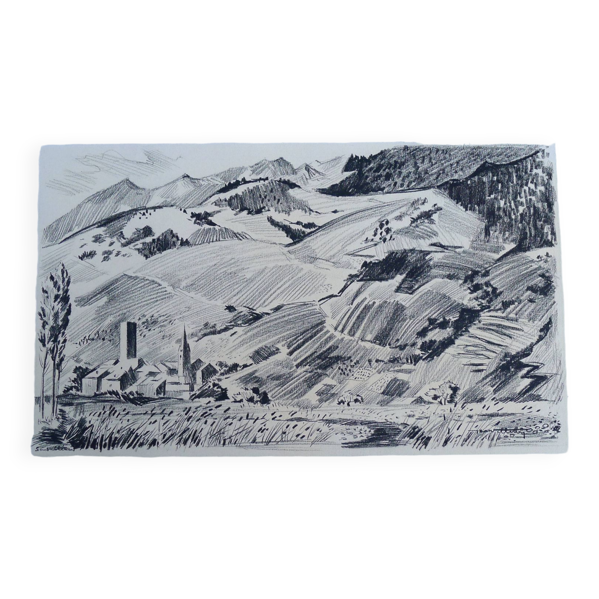 Large original black chalk drawing by Jean Villette (1913-2005)