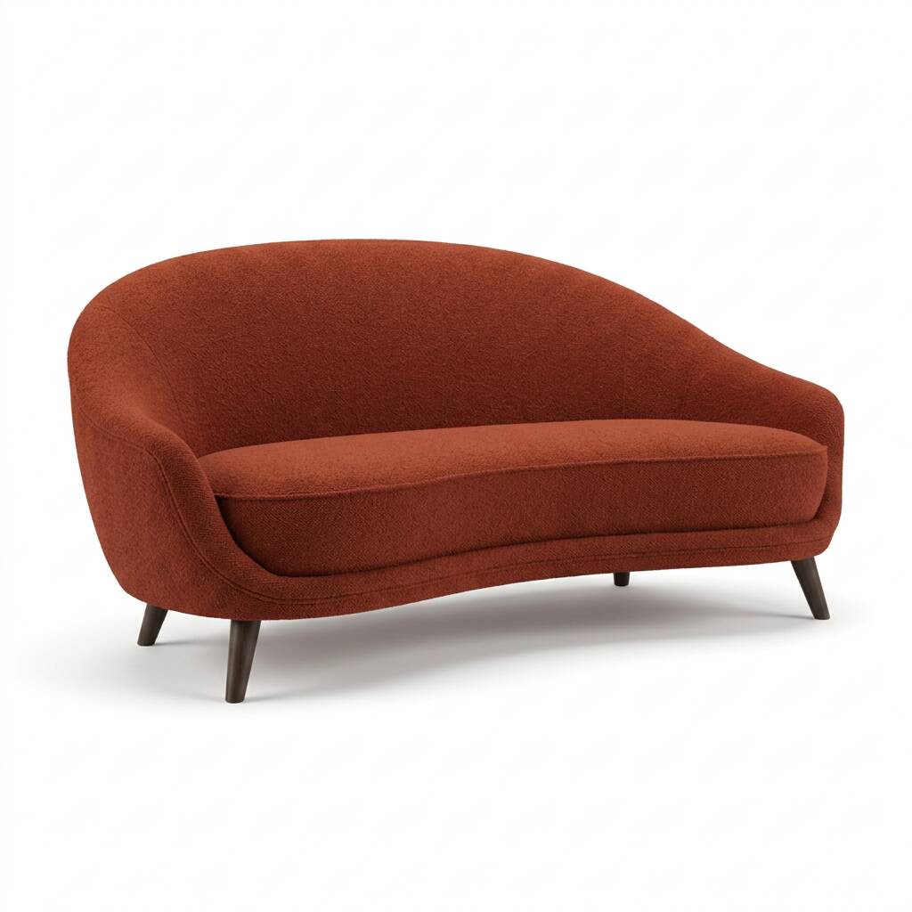 Two-seater sofa in red/orange boucle fabric.