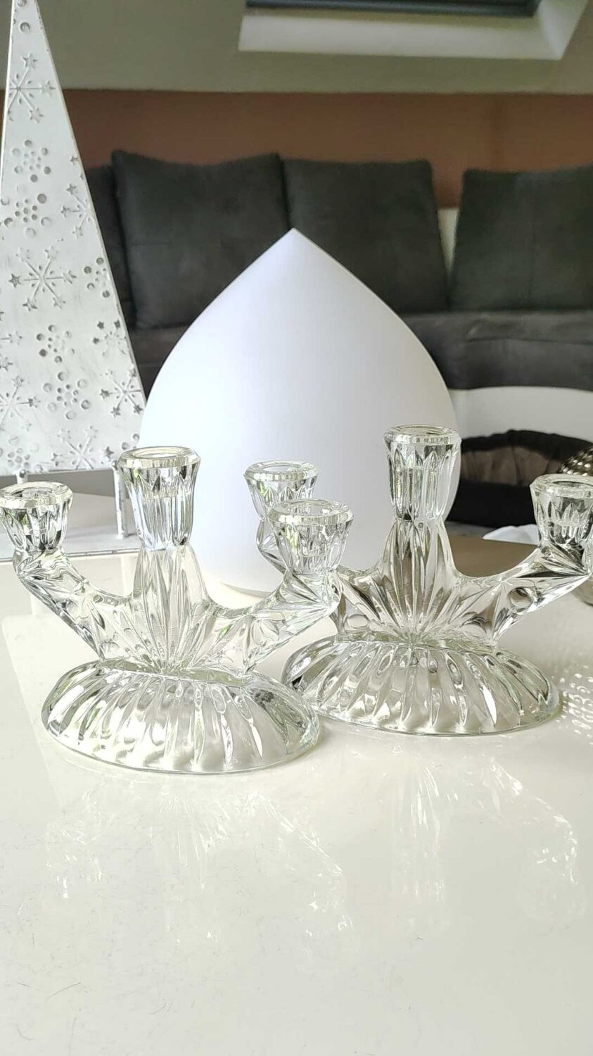 Pair of 3-spoke candlesticks, in art glass. Oberglas Austria. 50s