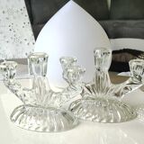 Pair of 3-spoke candlesticks, in art glass. Oberglas Austria. 50s