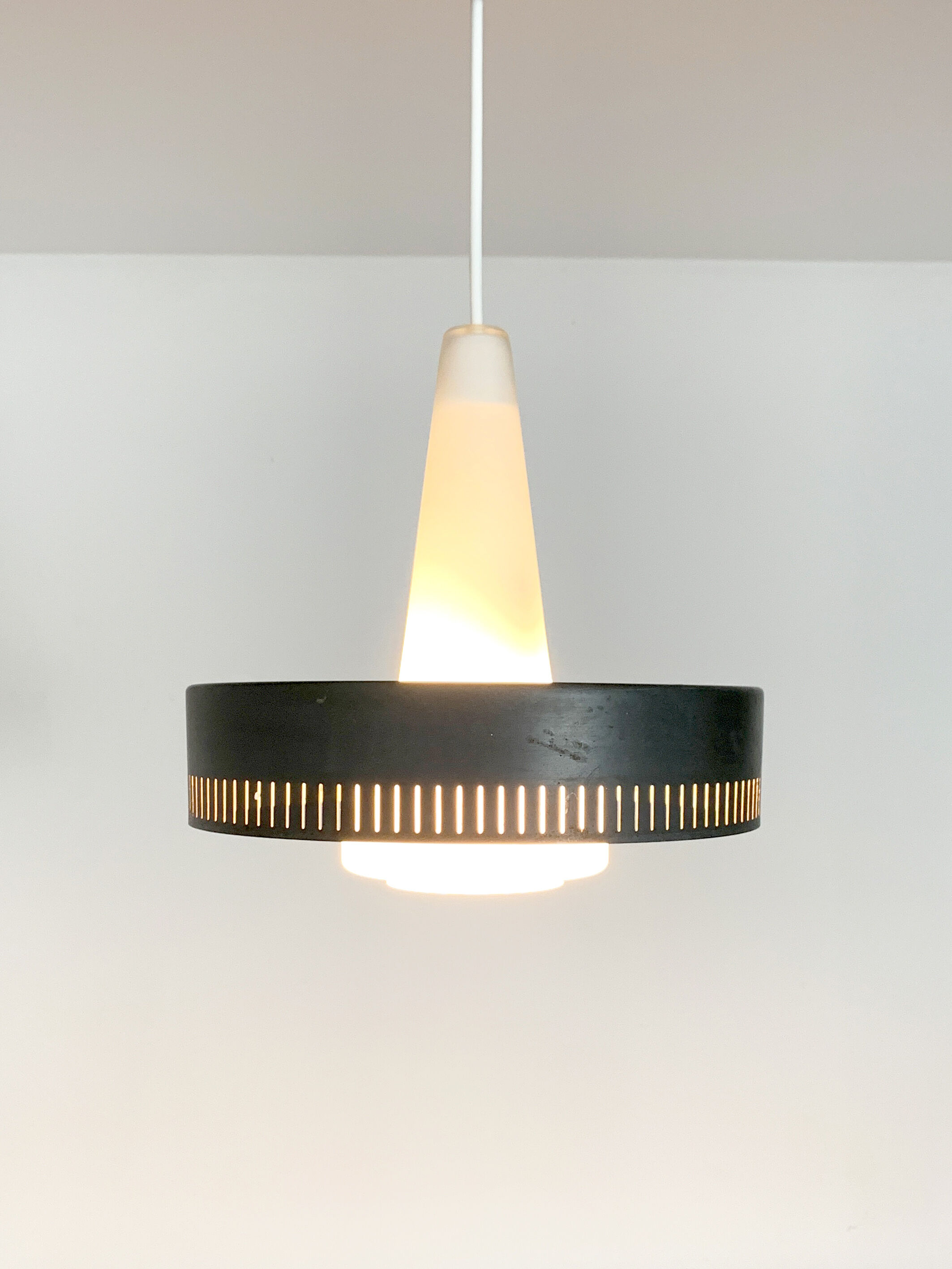Modernist pendant lamp opal glass and grey metal Bent Karlby for Lyfa, Denmark, 1950-60