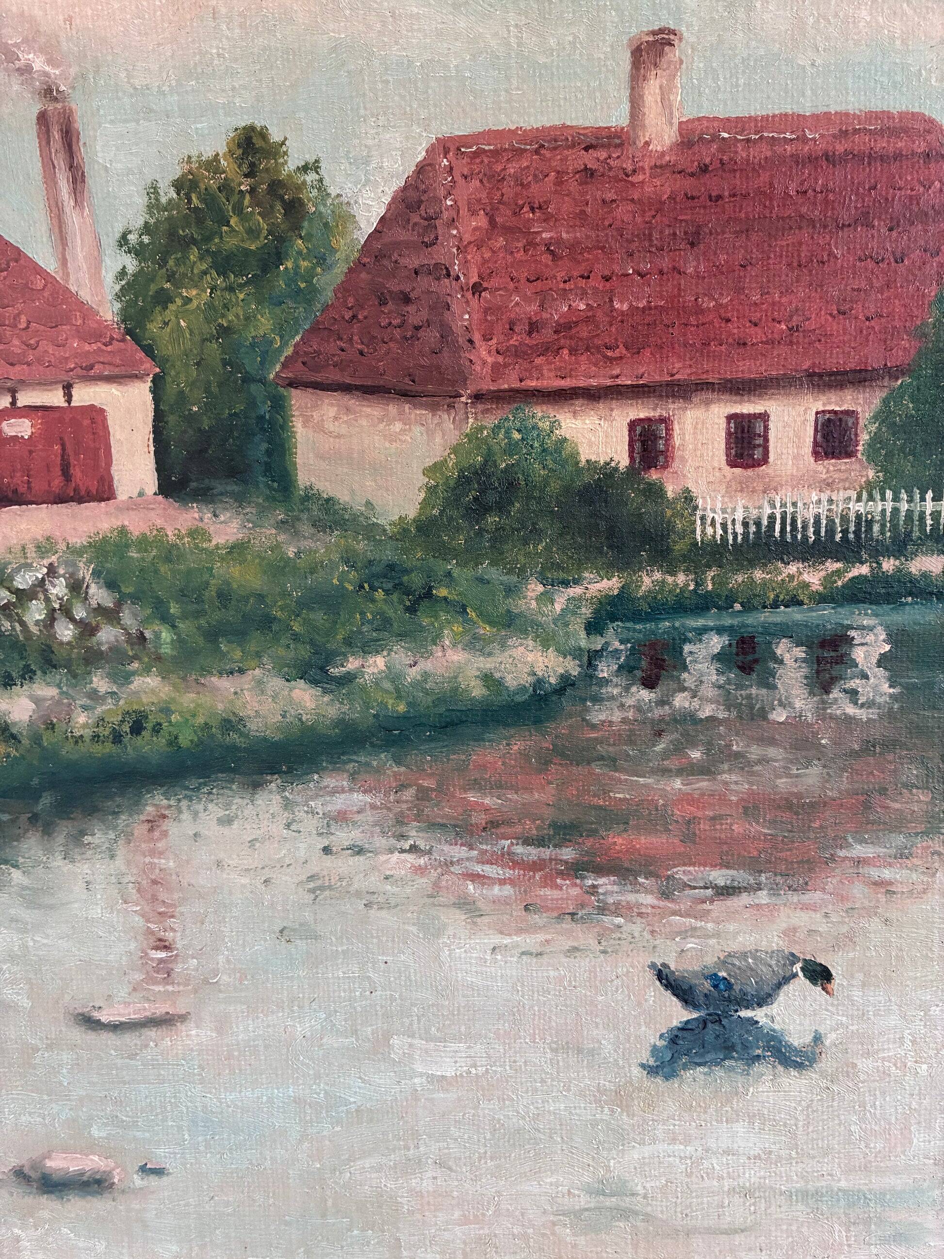 Vintage original landscape oil painting, signed farmhouse art