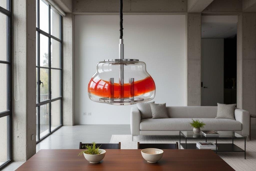 Suspension vintage en verre Murano / lustre avec accent orange