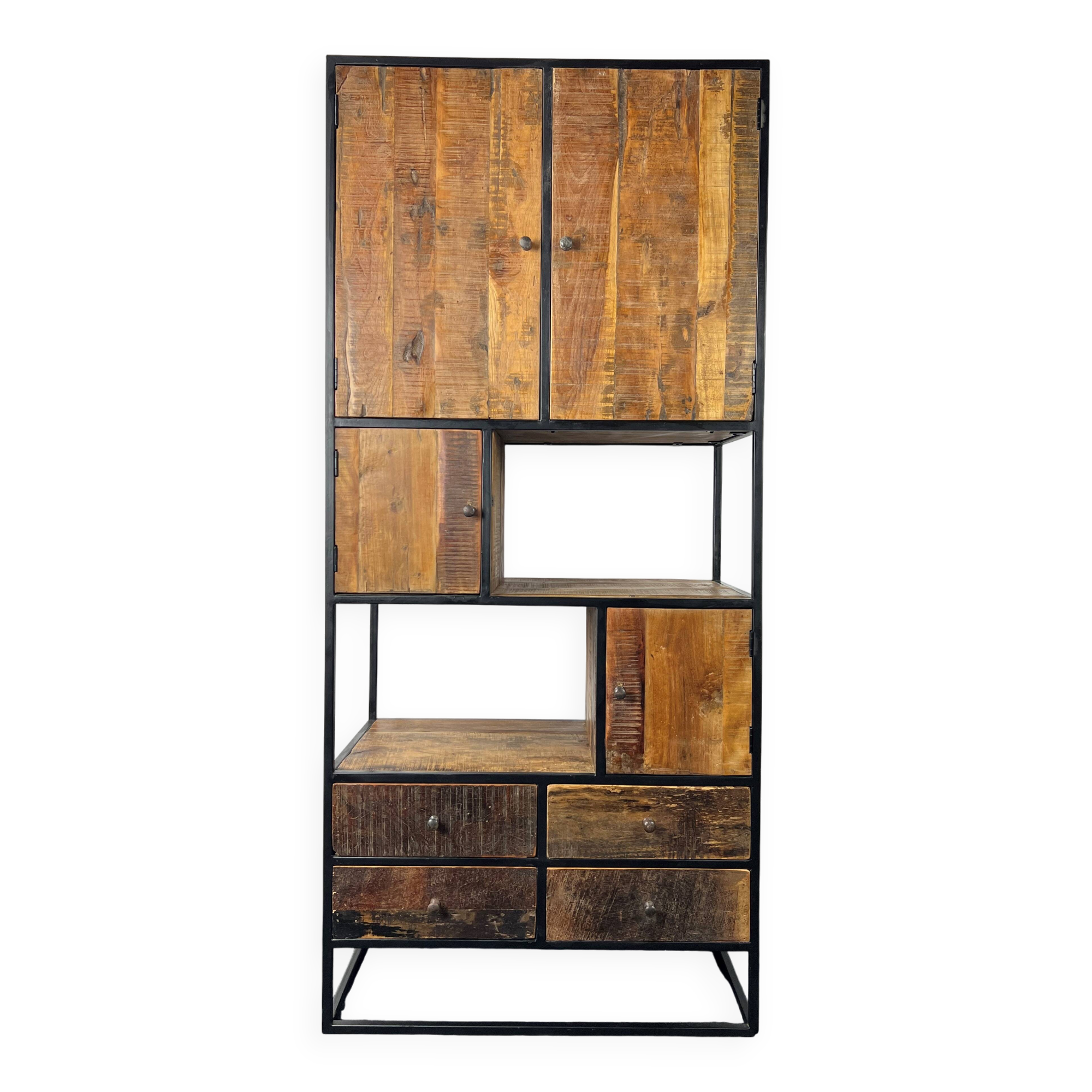 Antique wooden cabinet with black metal structure