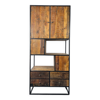 Antique wooden cabinet with black metal structure