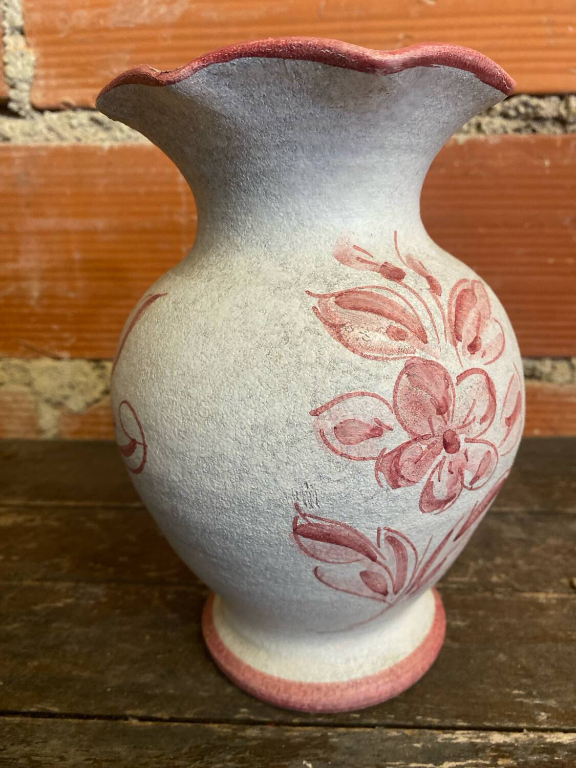 Vintage White Ceramic Vase with Pink Flower Decoration Made in Italy