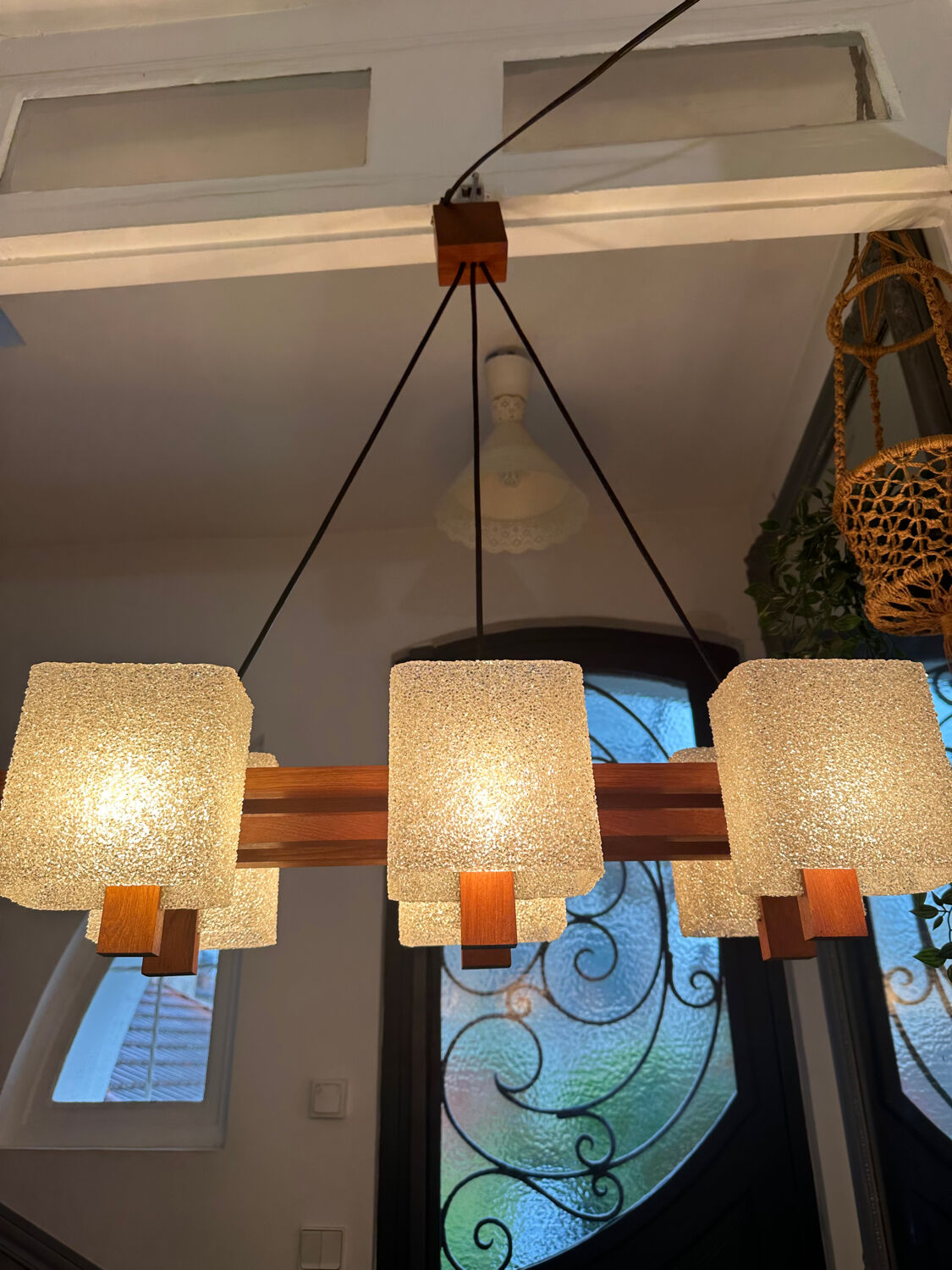 Vintage 1950s Scandinavian teak and perspex pendant light.