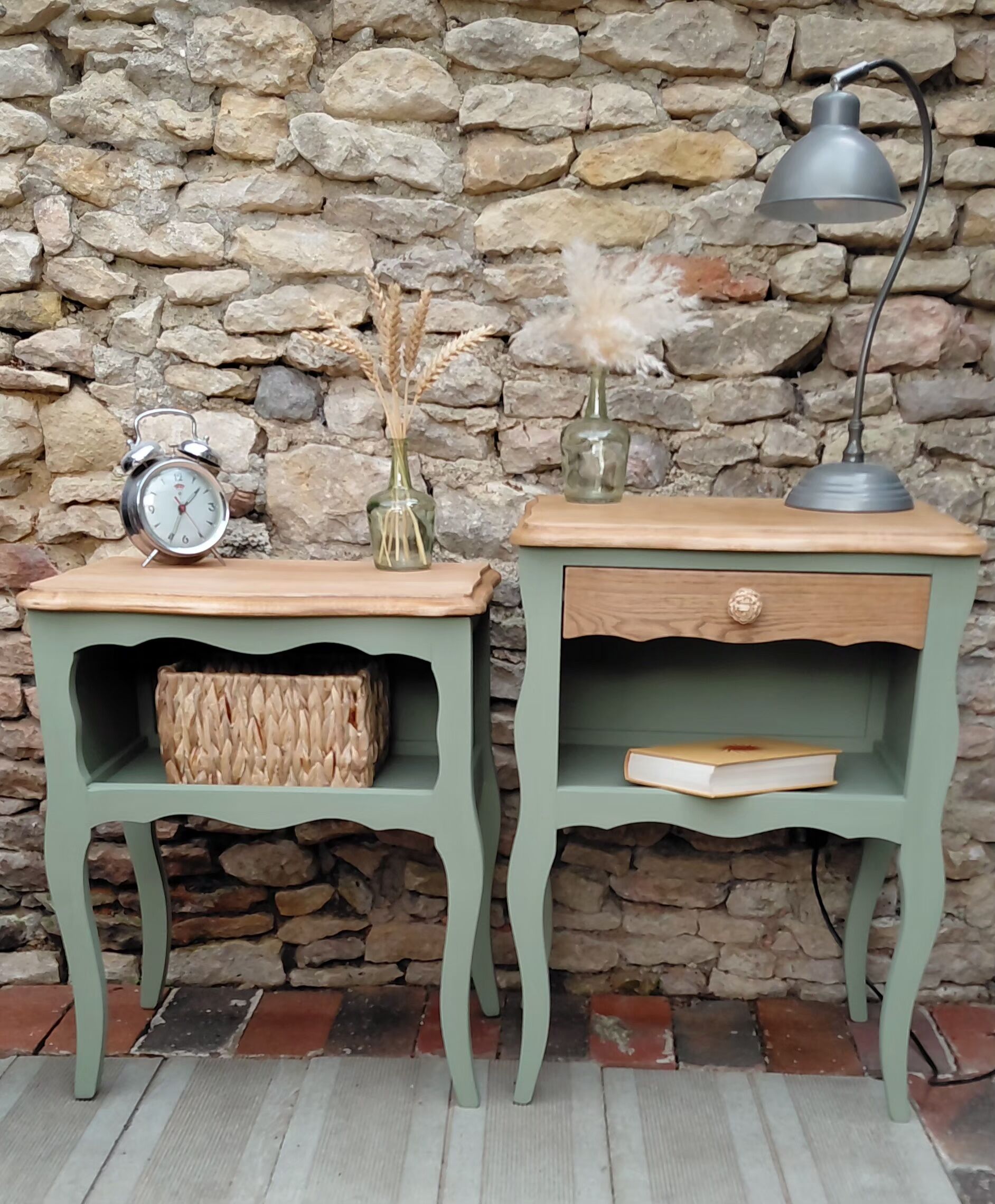 Upcycled Louis XV bedside tables – Sage green, wood and wicker