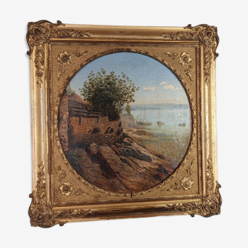 Bord de mer huile sur toile XIXe siècle signé Ch. Raoul datée 53x53 cm