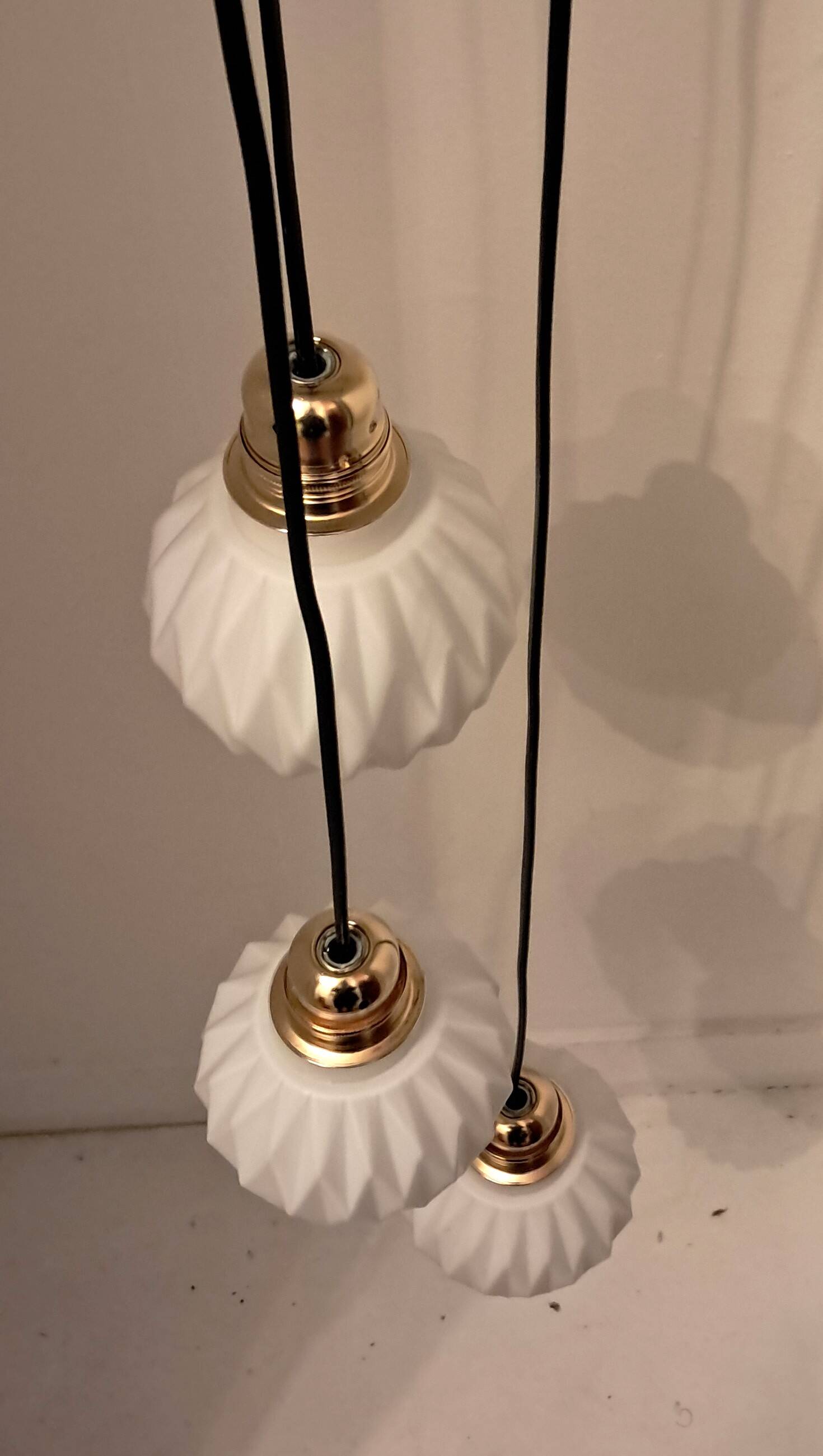 Origami white opaline three-light pendant light