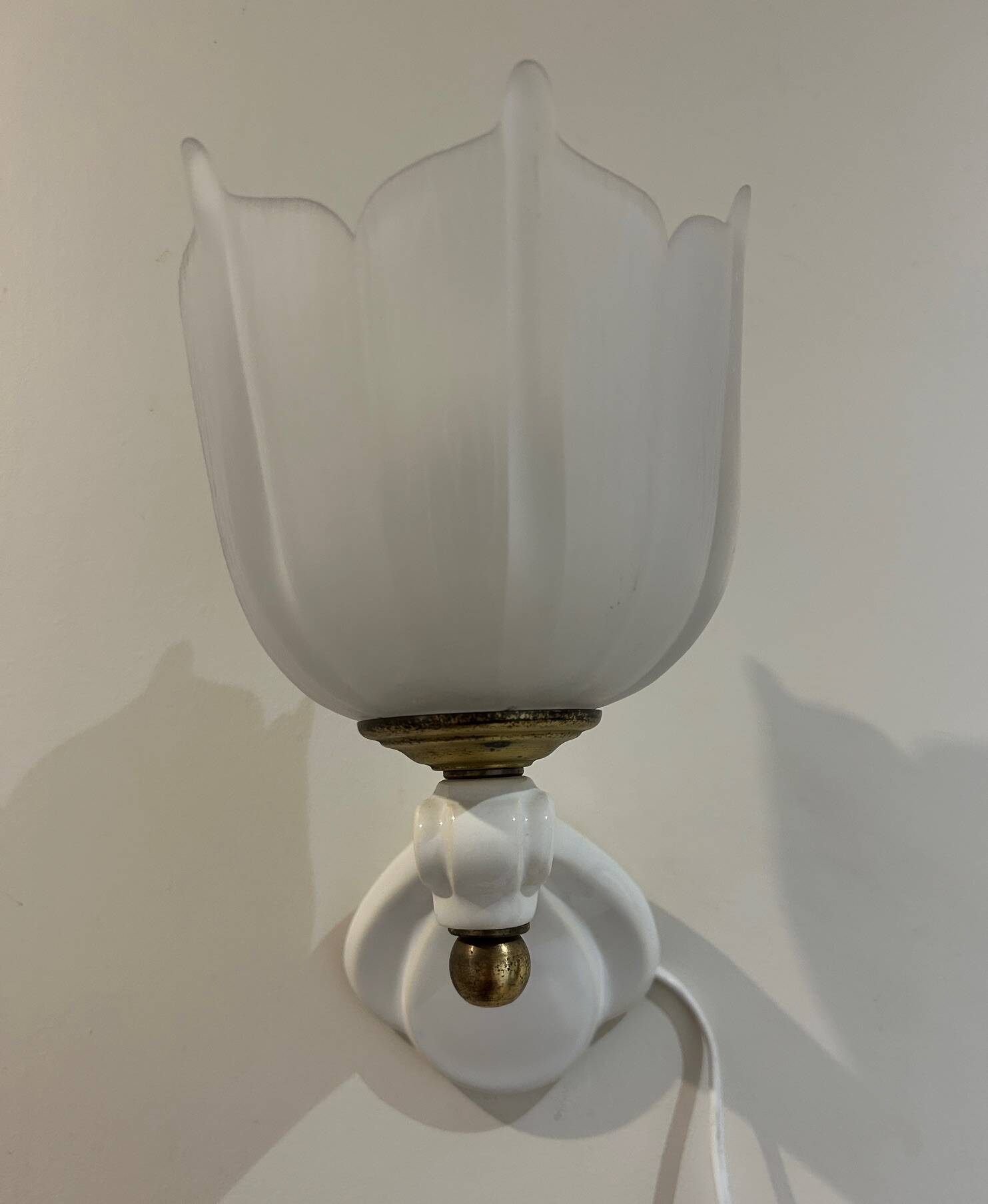 pair of ceramic and frosted glass wall lights 1950