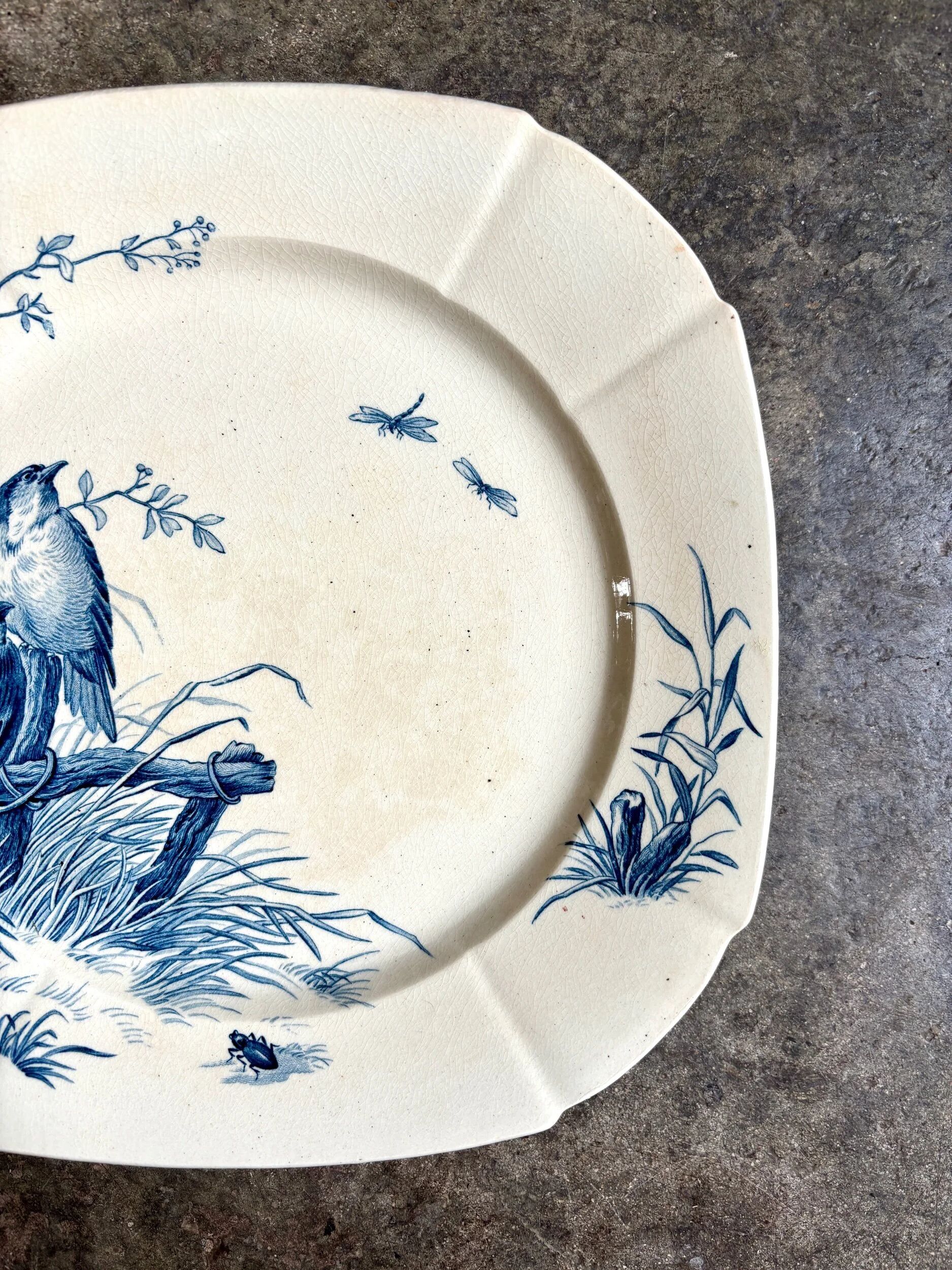 Blue ironstone plate from Gien, "Birds" service, circa 1870, no. 3.
